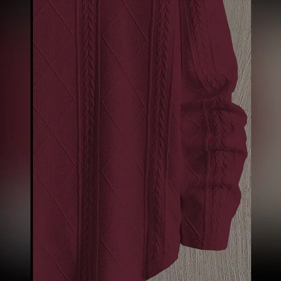 Regular Fit Patched Detail Textured Knit Long Sleeve Round Burgundy Neck Top L - Picture 2 of 14